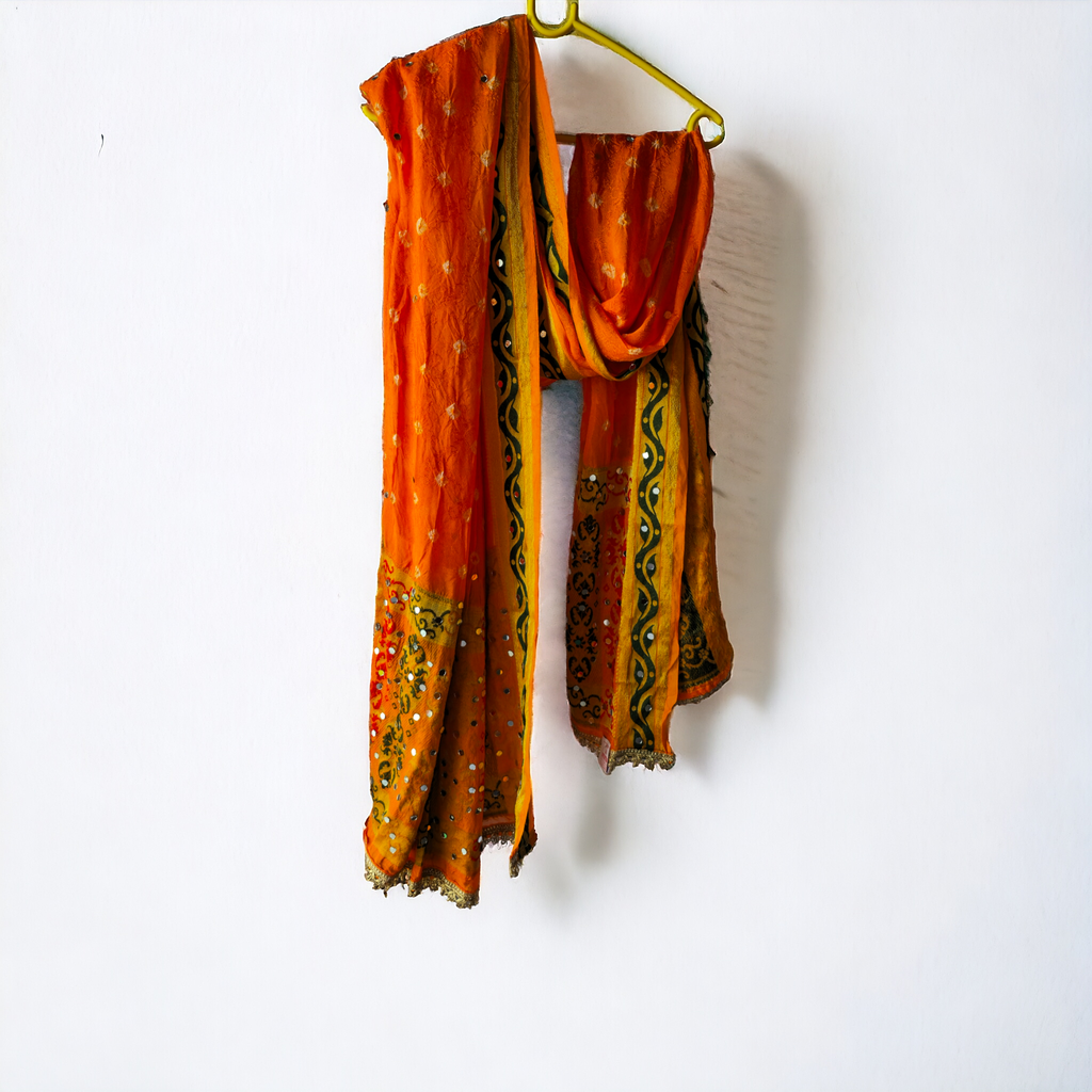 Vibrant Orange Bandhani Dupatta with Mirror Work