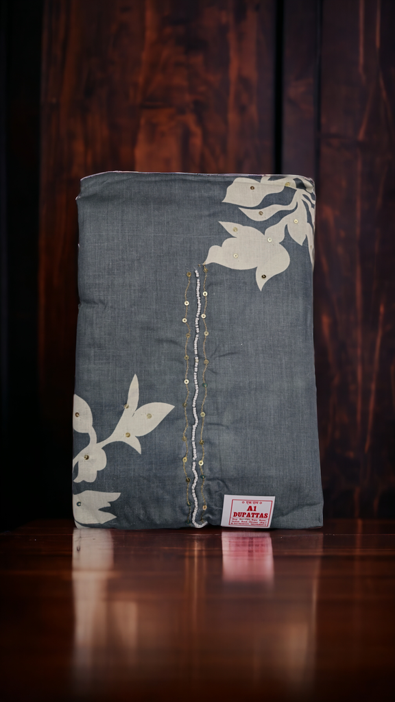 Elegant Grey Cotton Suit Set with Floral Print