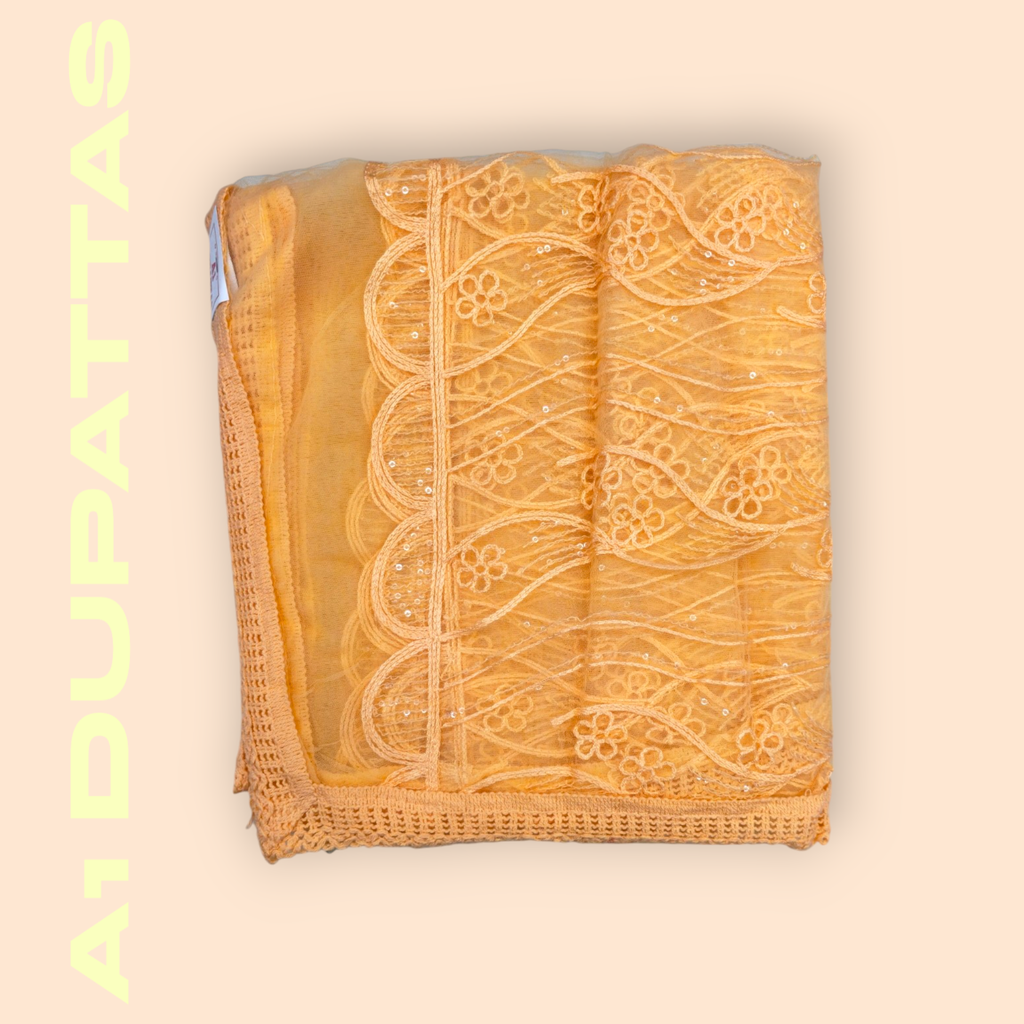 Yellow Net Dupatta with Floral Kadhai