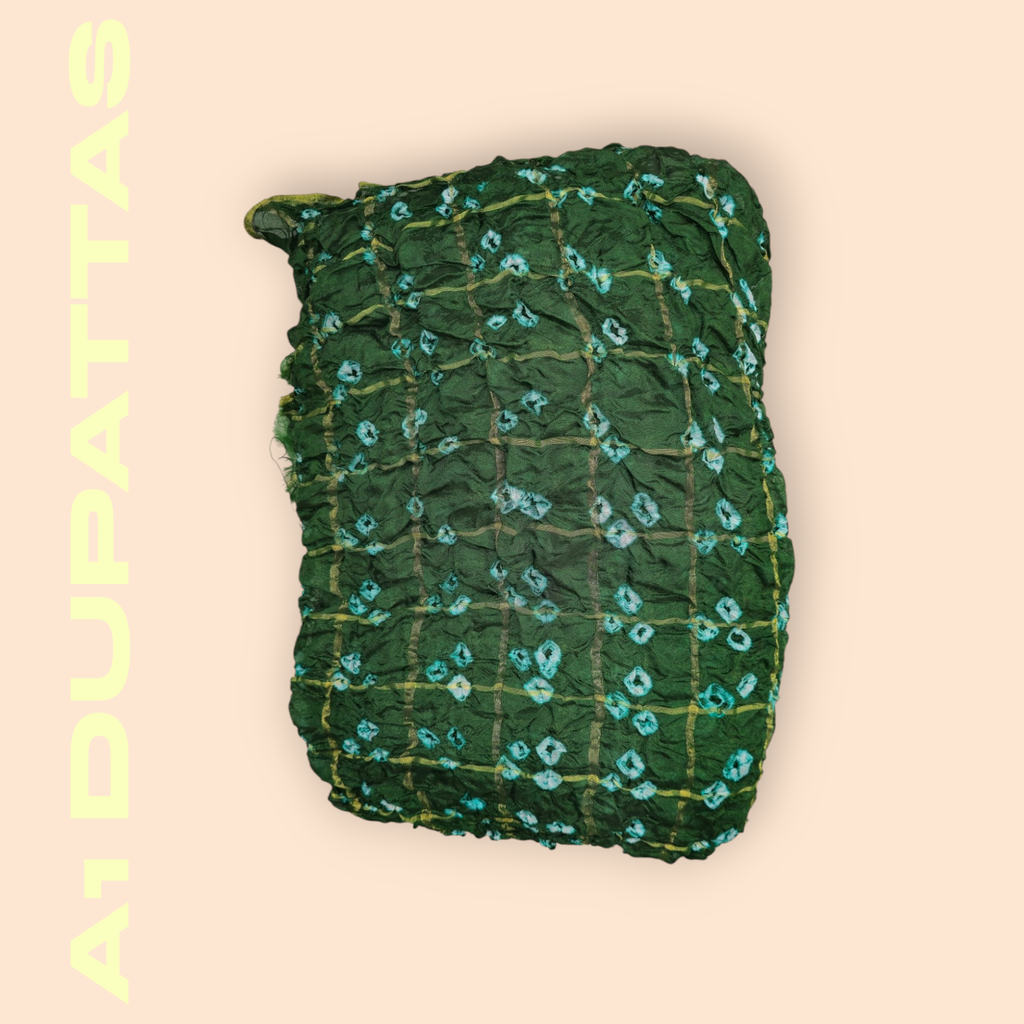 Green Bandhani Dupatta with Gold Zari Stripes