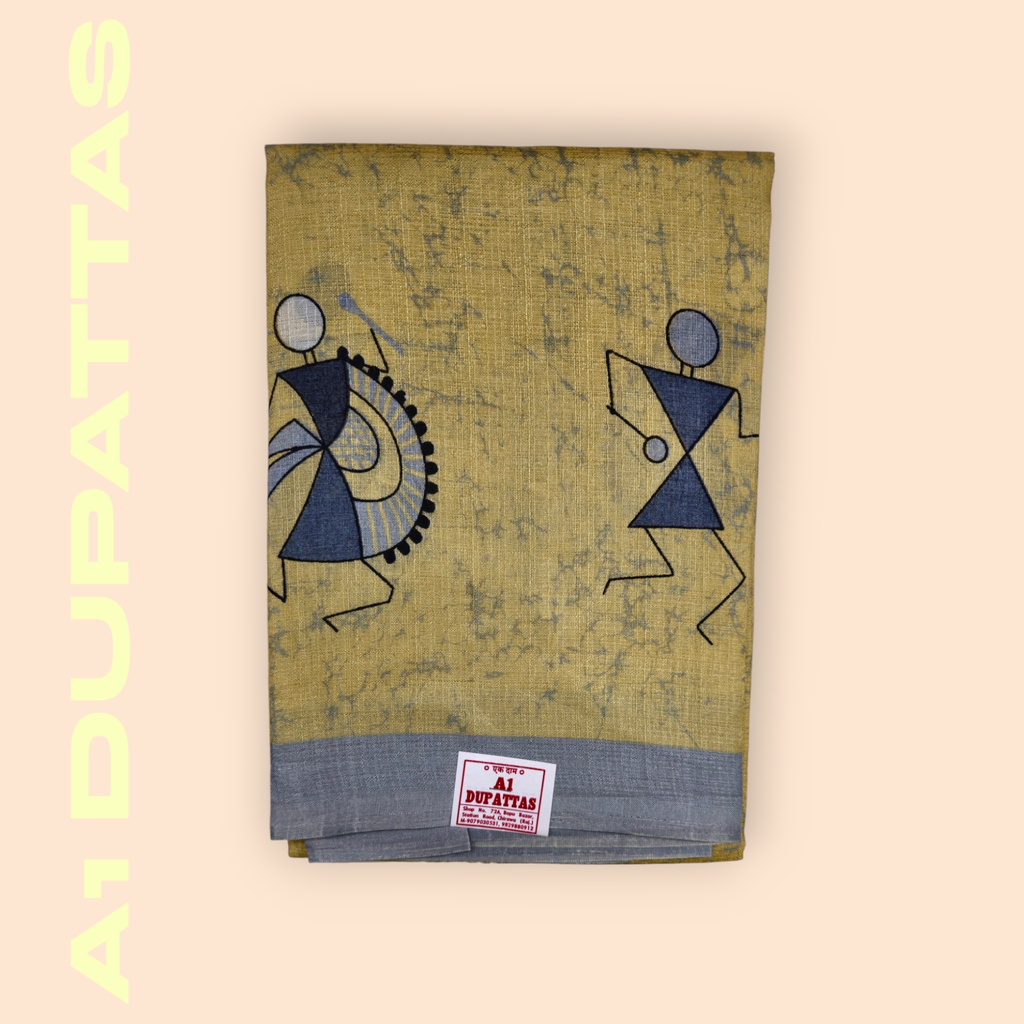 Yellow Cotton Dupatta with Madhubani Art