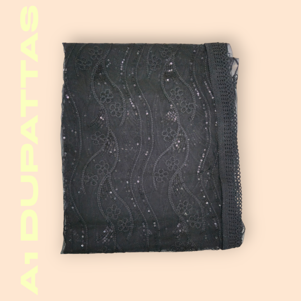Black Net Dupatta with Floral Kadhai