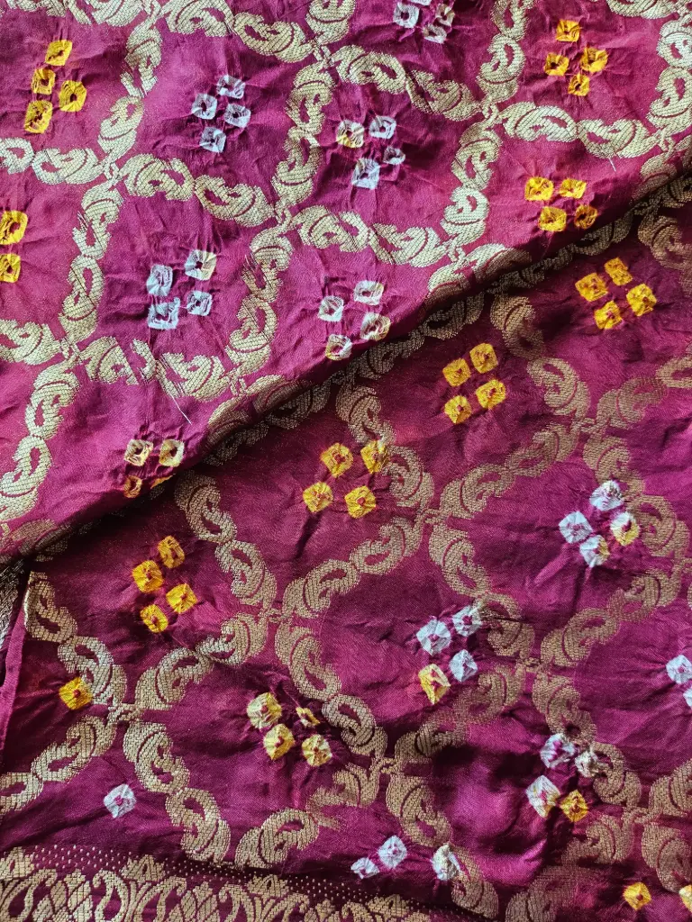 Premium Maroon Art Silk Bandhani Fabric with Gold Zari Weave & Meenakari Effect