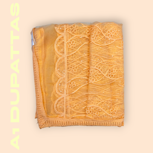 Yellow Net Dupatta with Floral Kadhai