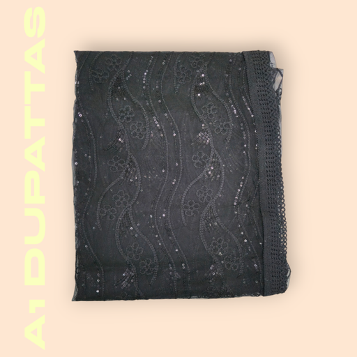 Black Net Dupatta with Floral Kadhai