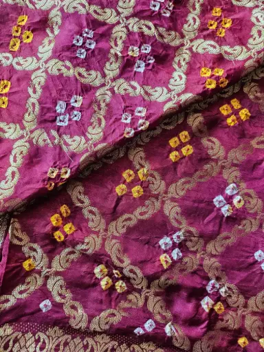 Premium Maroon Art Silk Bandhani Fabric with Gold Zari Weave & Meenakari Effect
